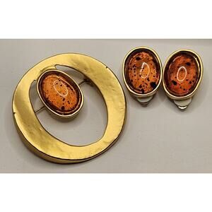 Vintage CHENGs Brutalist Brooch Amber Lucite & Clip Earring Made in Tawain NOS